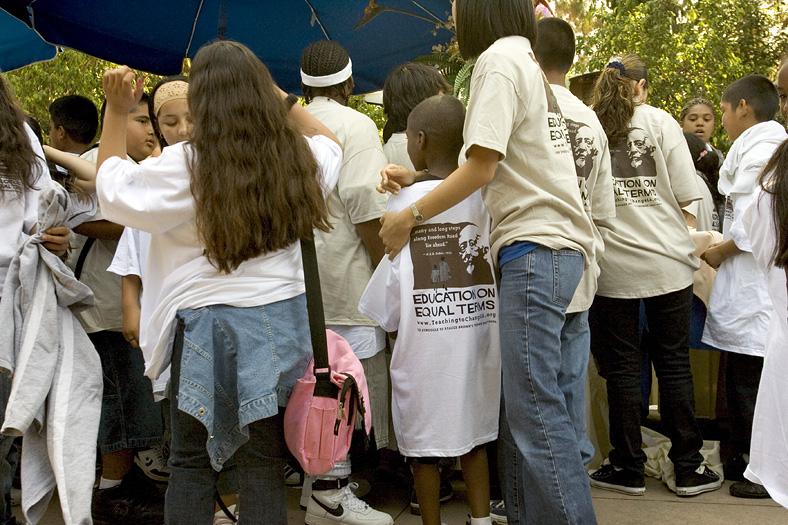 Youth summit students line up for shirts